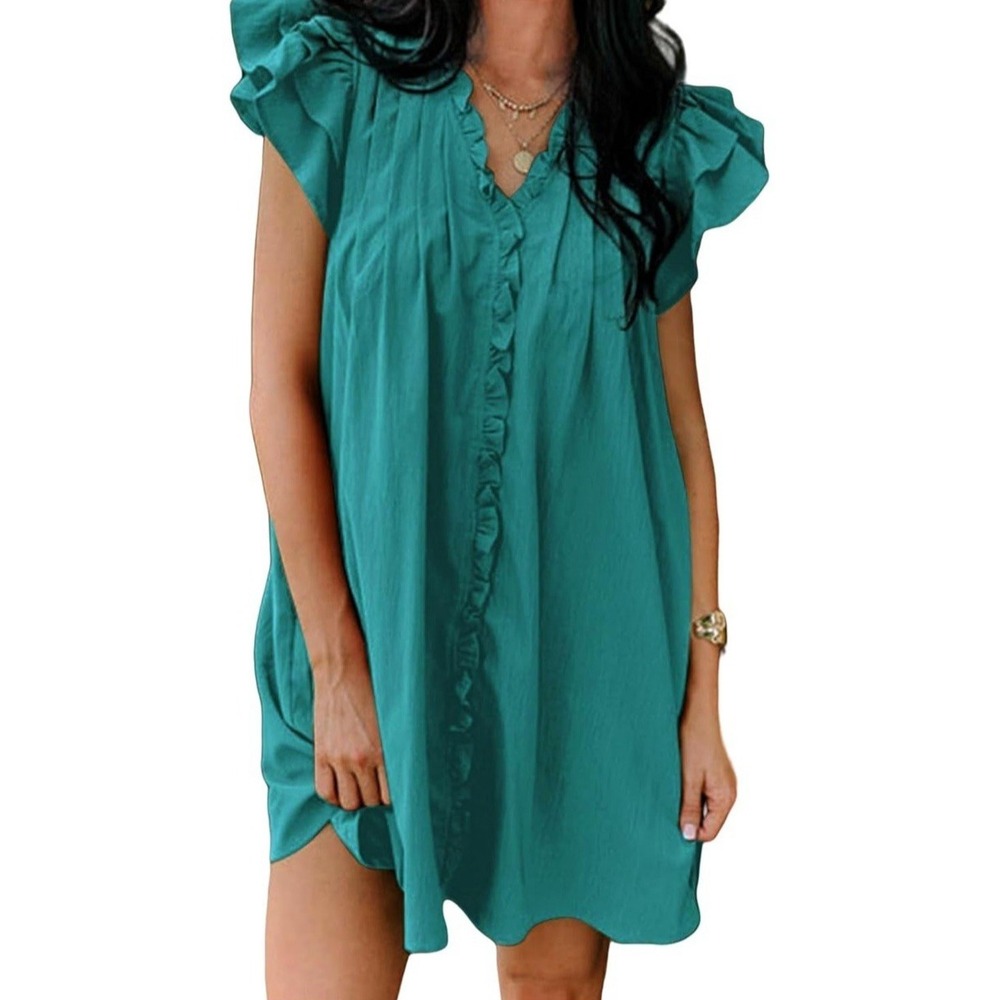 NEW Women's Casual Short Sleeve Ruffle Mini‎ Dress - Blue - Size M